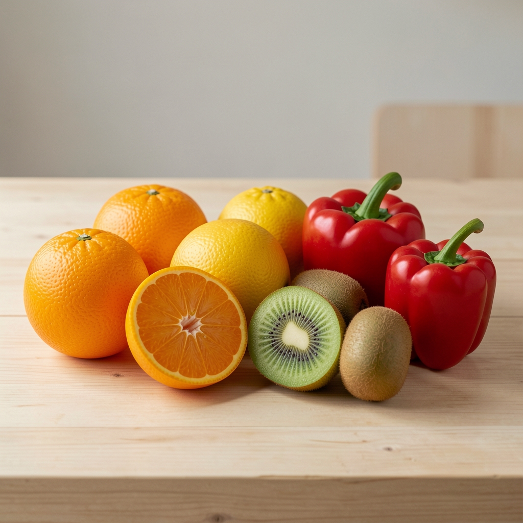 Oranges, citrons, kiwis et poivrons rouges disposés sur un plan de travail en bois clair