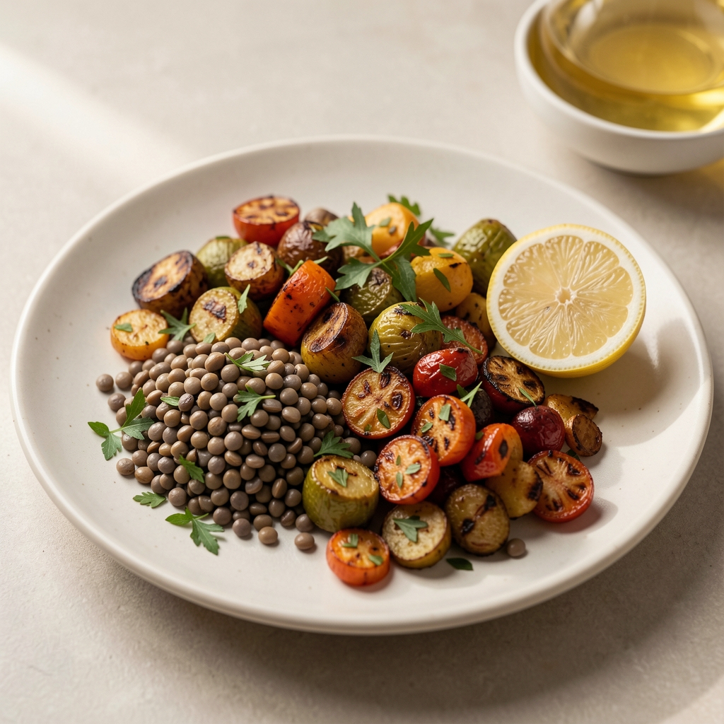 Assiette équilibrée avec lentilles, légumes rôtis, herbes et quartier de citron