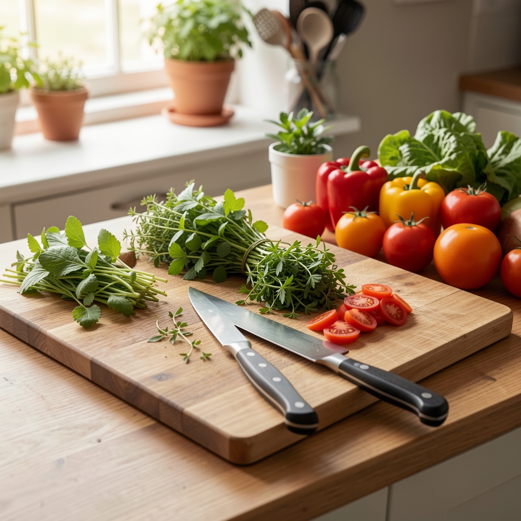 Plan de travail avec planche à découper, couteau, herbes fraîches et légumes colorés