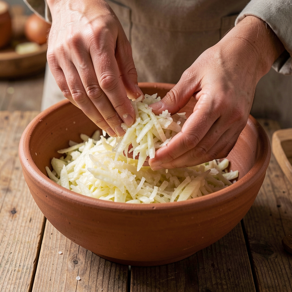 Mains préparant du chou blanc finement émincé et salé dans un grand bol en grès