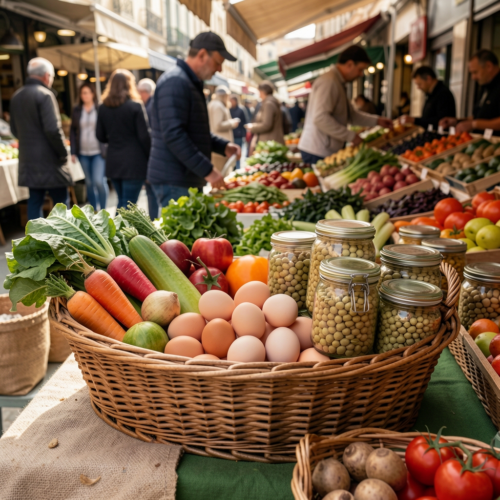 Panier en osier rempli de légumes de saison, d’œufs et de bocaux de légumineuses sur un marché