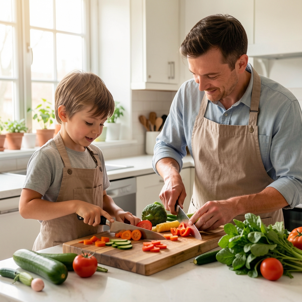 Un enfant et un adulte coupant des légumes de saison côte à côte dans une cuisine lumineuse