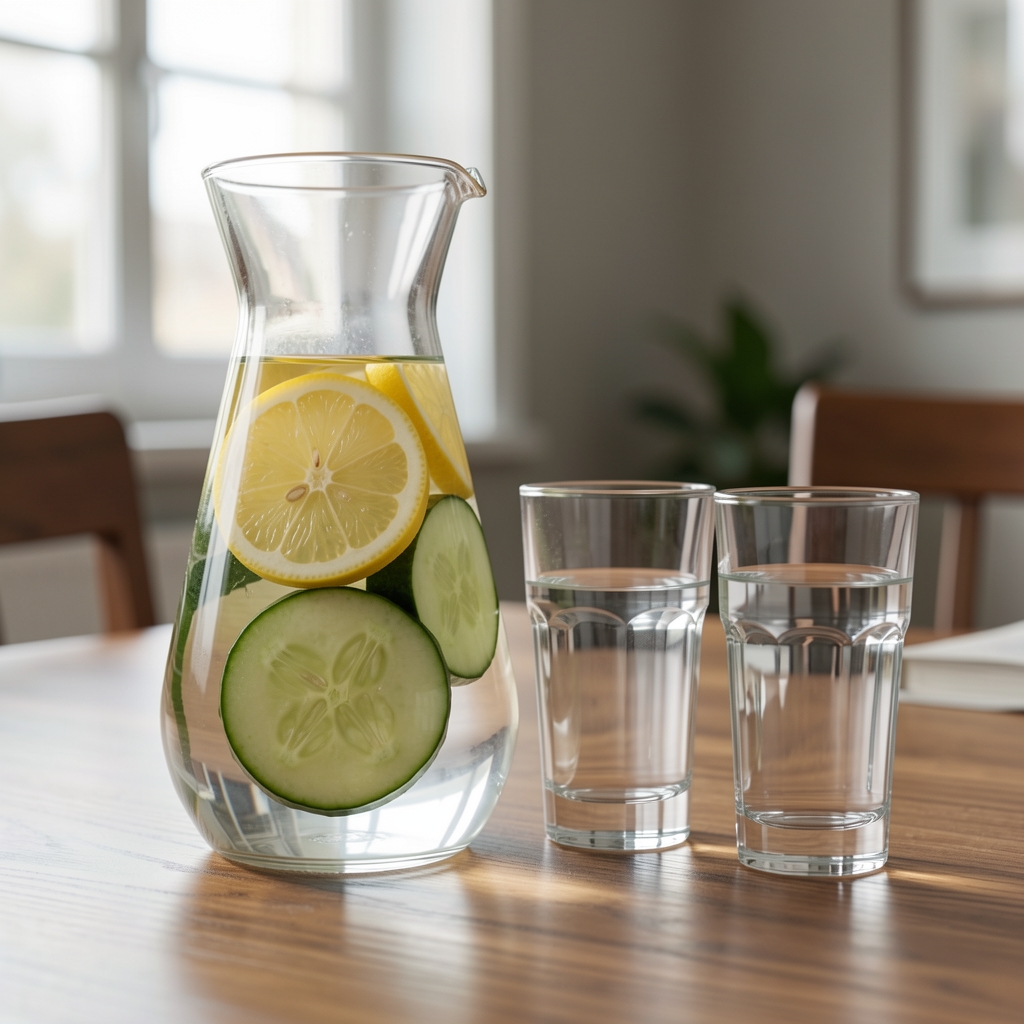 Carafe d’eau avec tranches de citron et de concombre posée à côté de deux verres sur une table
