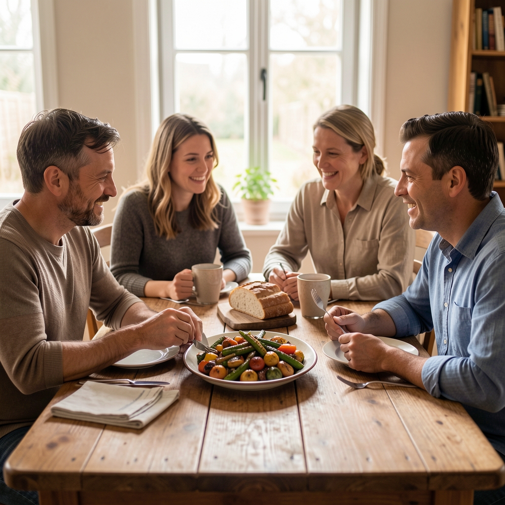 Famille de quatre personnes réunie autour d’une table en bois avec un plat de légumes rôtis et du pain