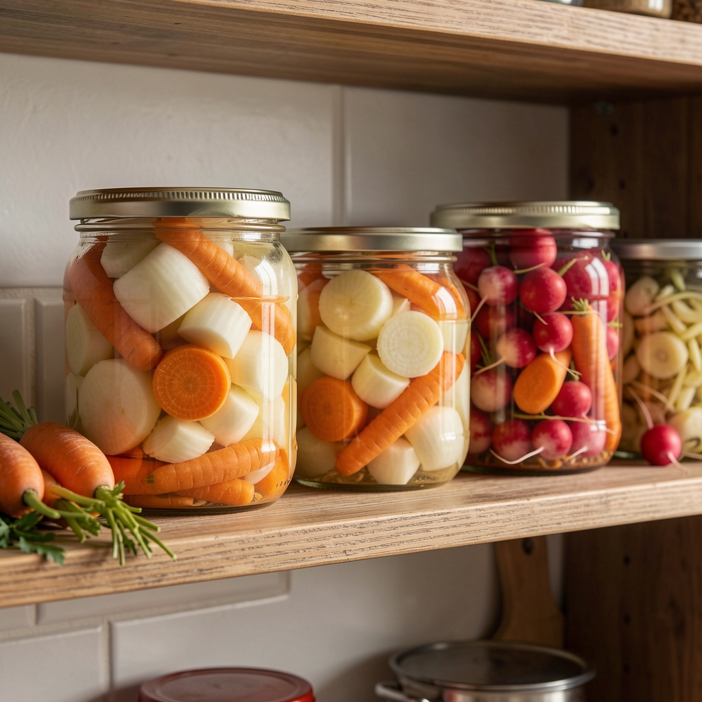 Bocaux en verre remplis de chou fermenté, carottes et radis sur une étagère de cuisine