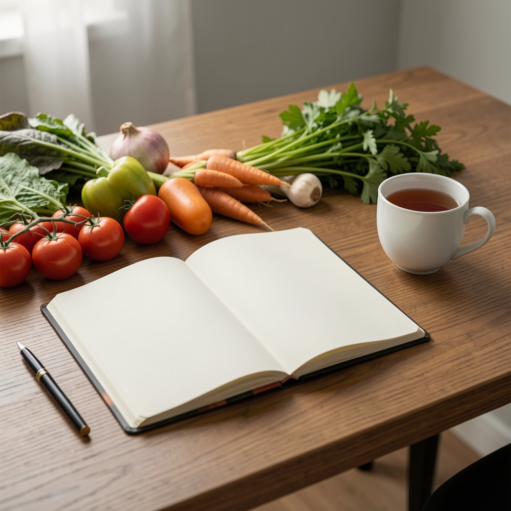 Table de rédaction avec carnet ouvert, légumes frais et tasse de thé