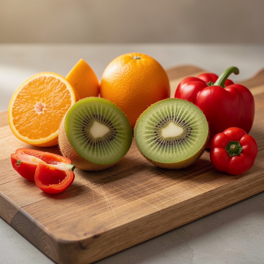Kiwis coupés en deux, oranges et poivrons rouges disposés sur une planche à découper en bois