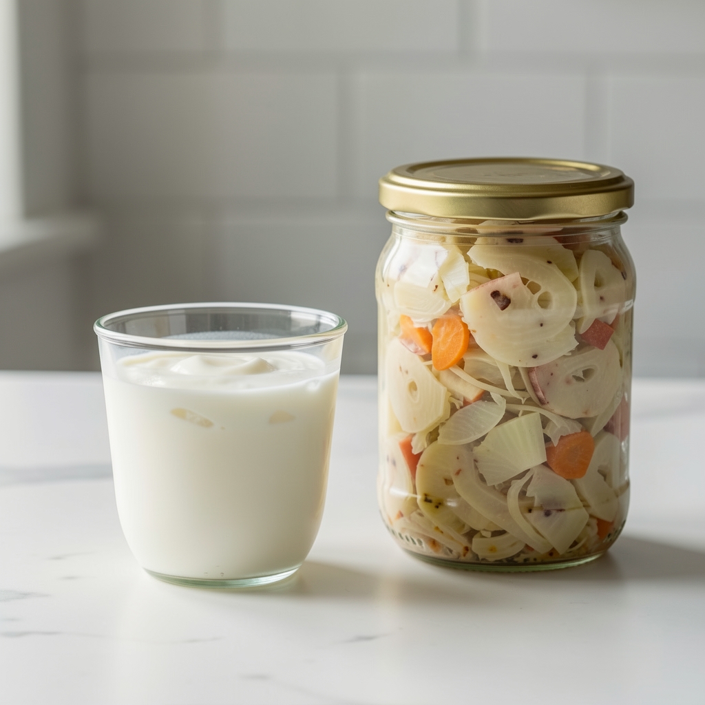 Pot en verre de yaourt nature et bocal de choucroute artisanale sur un plan de travail clair