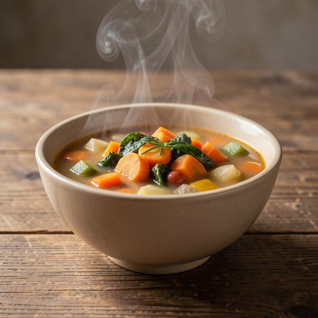 Soupe de légumes d’hiver fumante dans un bol en céramique beige posé sur une table en bois