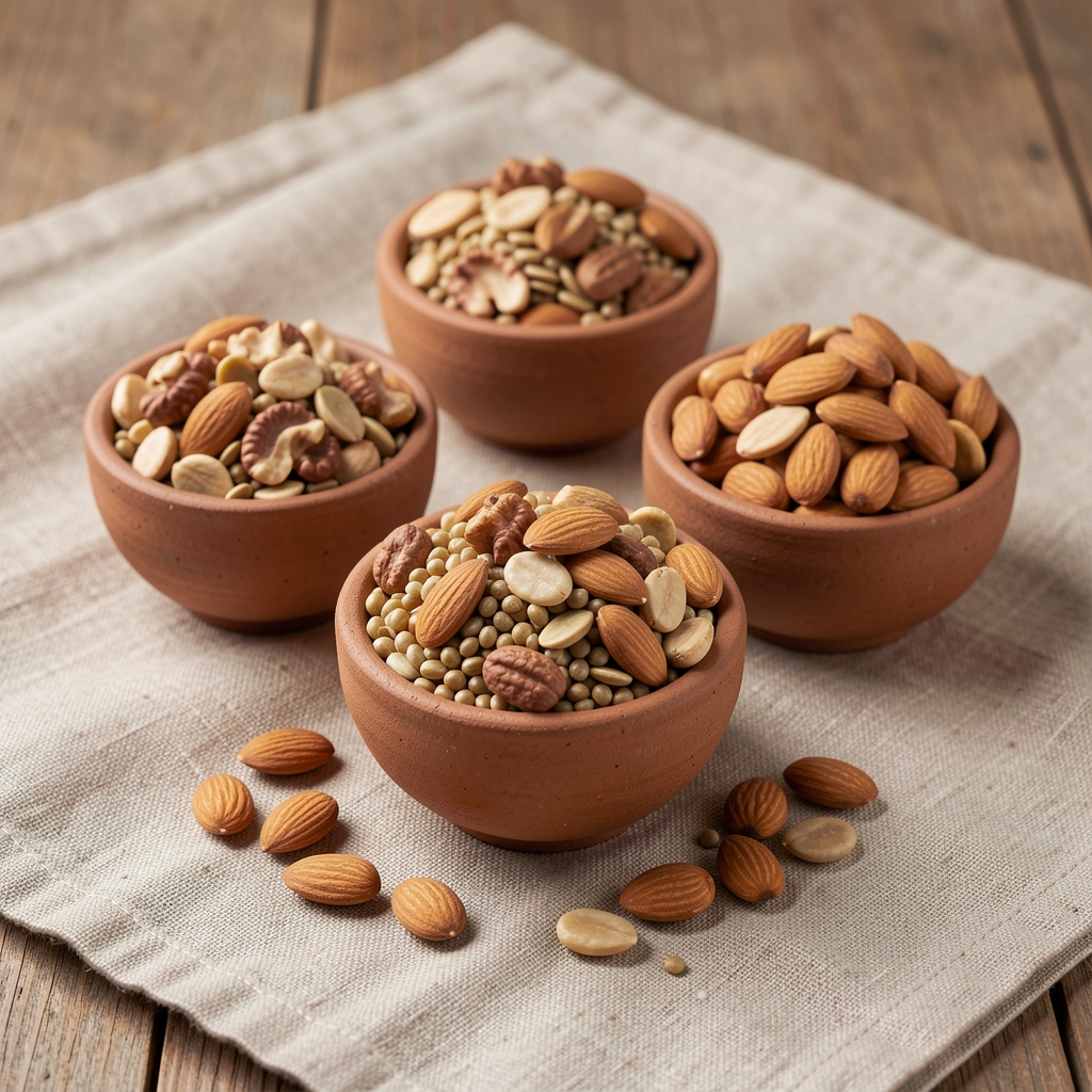 Petits bols en grès remplis de graines de courge, de noix et d’amandes sur une nappe en lin