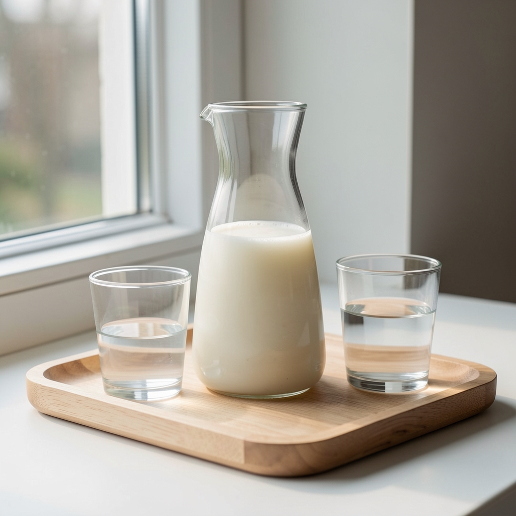 Carafe de kéfir nature et verres transparents posés sur un plateau en bois clair près d’une fenêtre