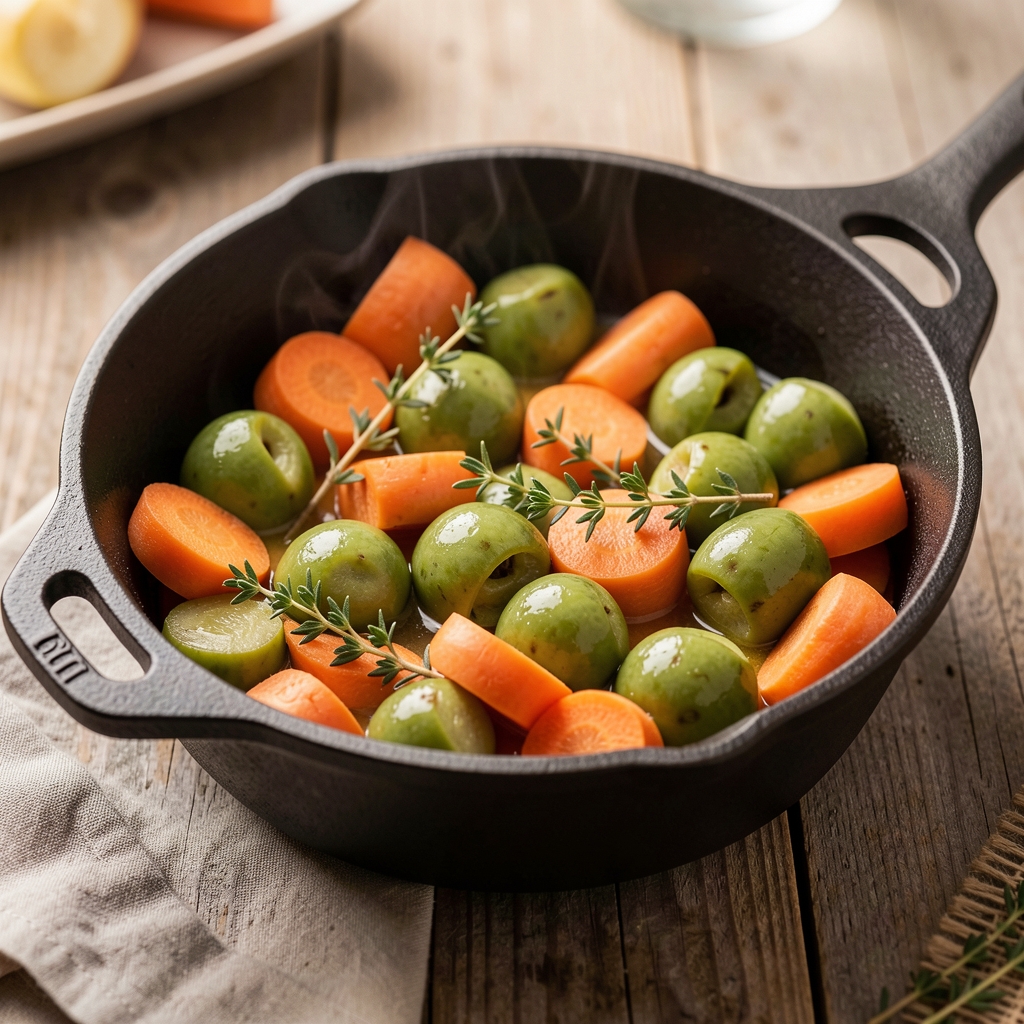 Lentilles vertes cuites dans une casserole en fonte avec carottes et thym frais
