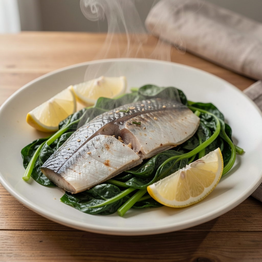 Filet de poisson cuit à la vapeur servi avec des épinards et des quartiers de citron