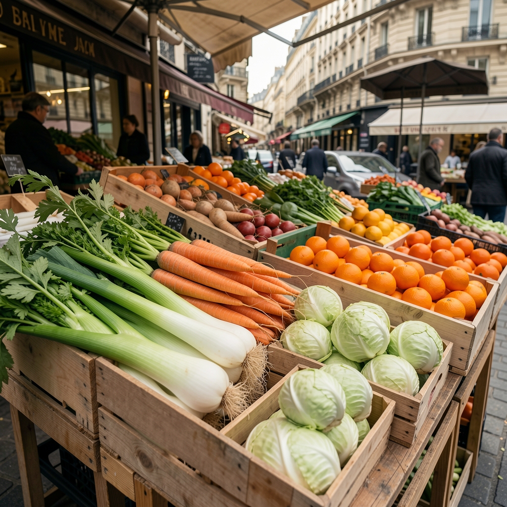 Étal de marché parisien avec poireaux, carottes, clémentines et choux disposés dans des caisses en bois