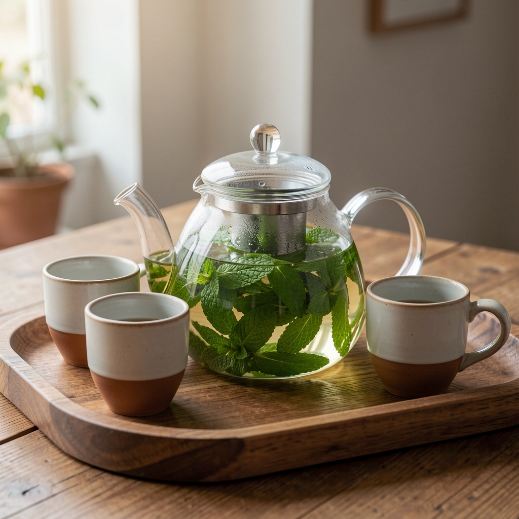 Théière en verre avec infusion de menthe fraîche et tasses en céramique sur un plateau en bois