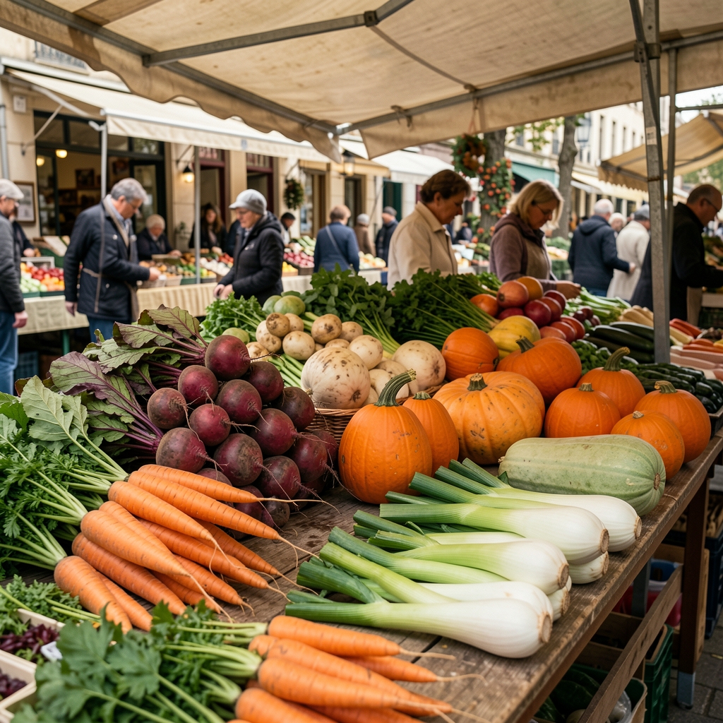 Étal de marché garni de carottes, betteraves, courges et poireaux sous un auvent