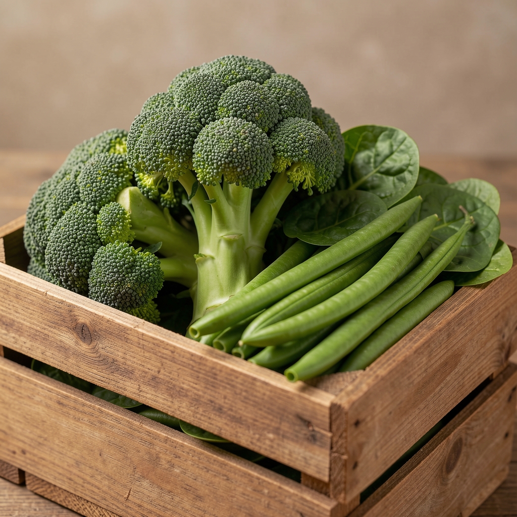 Brocolis, épinards et haricots verts frais empilés dans une cagette en bois