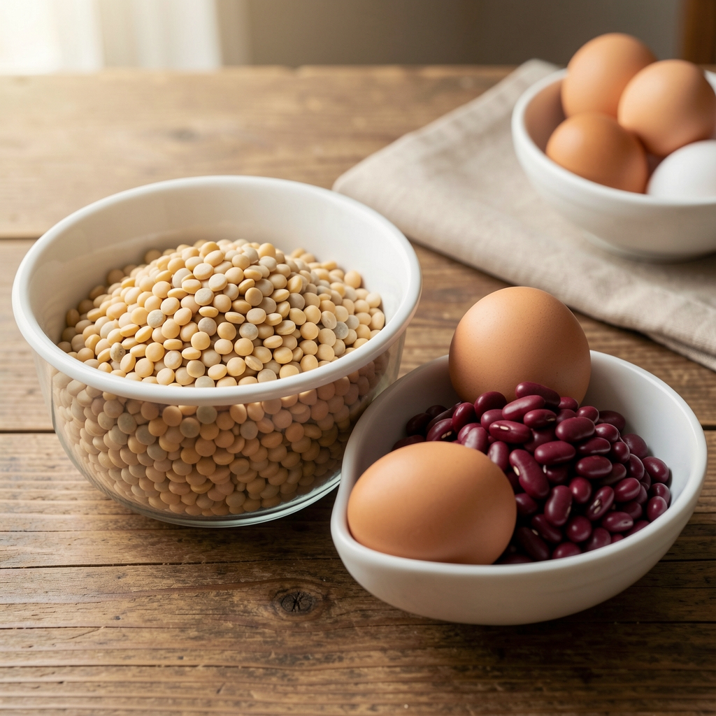 Bols de lentilles, de pois chiches et de haricots rouges à côté d’œufs frais sur une table