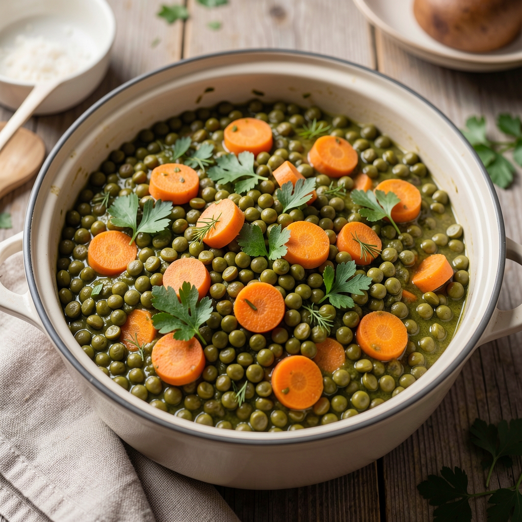 Casserole de lentilles vertes mijotées avec carottes et herbes fraîches