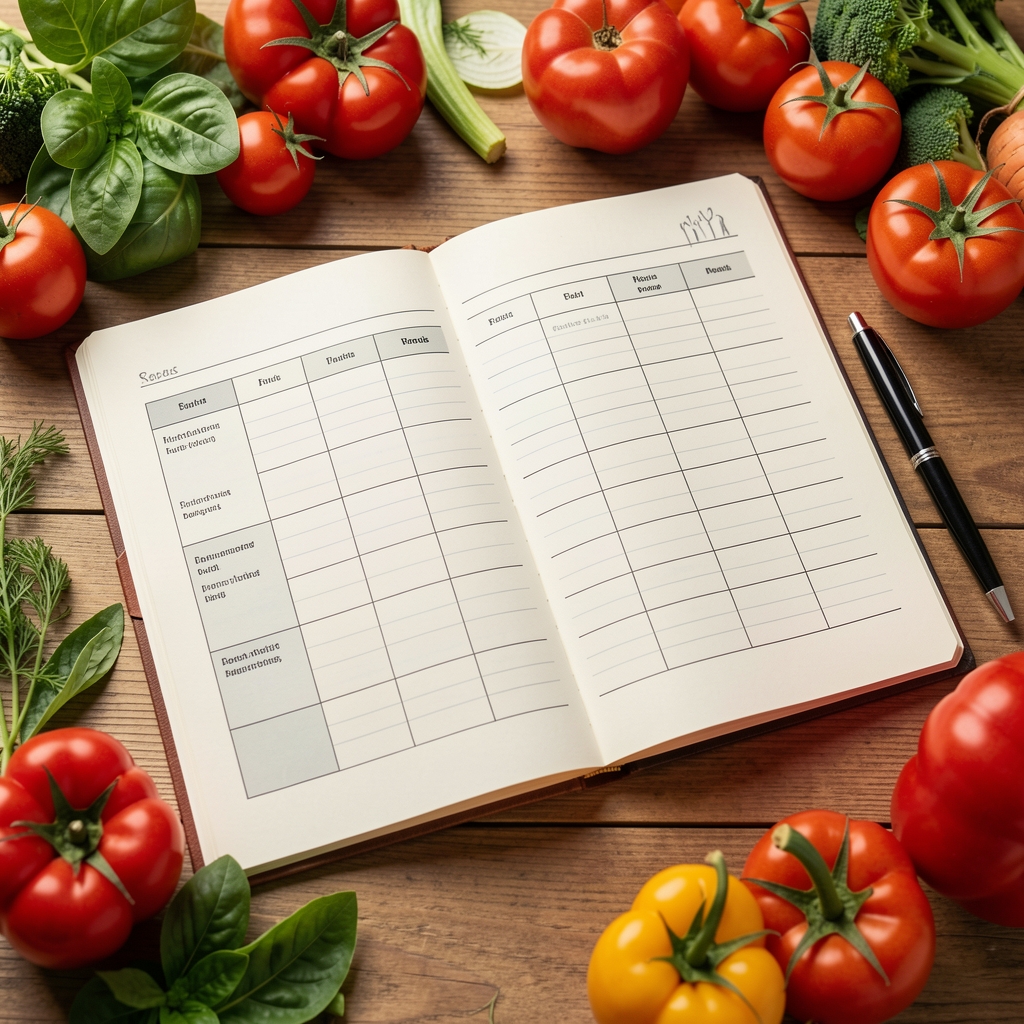 Cahier ouvert avec un planning de repas hebdomadaire, entouré de légumes frais et d’un stylo