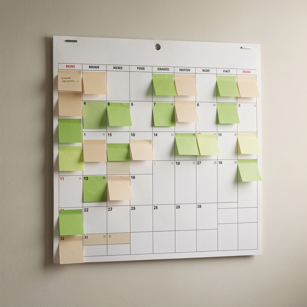 Calendrier mural de planification éditoriale avec notes adhésives beiges et vertes