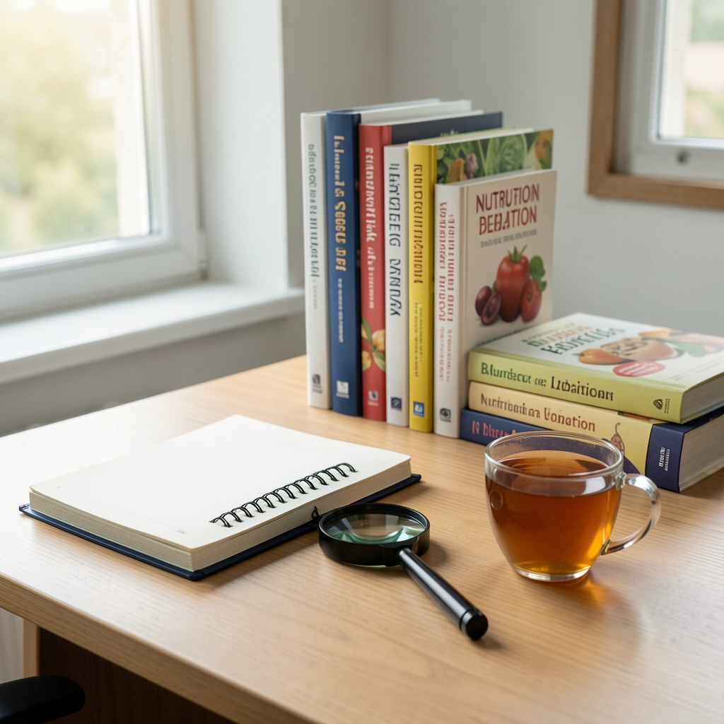 Bureau de rédaction lumineux avec carnet de notes, loupe, livres de nutrition et tasse de tisane