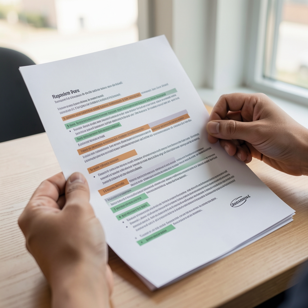 Main feuilletant un rapport de santé publique annoté avec des surligneurs ocre et vert sauge