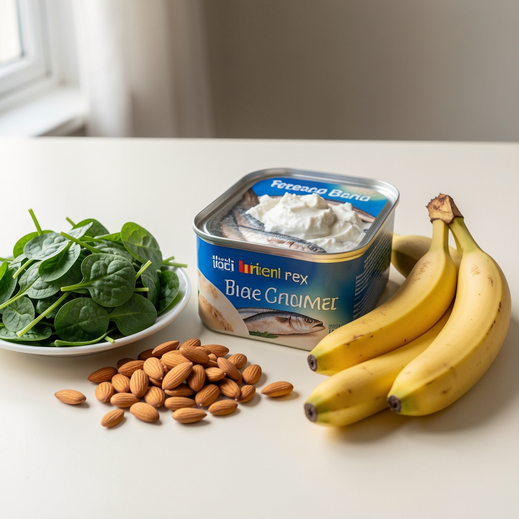 Épinards, amandes, sardines en boîte, fromage blanc et bananes disposés sur une table claire