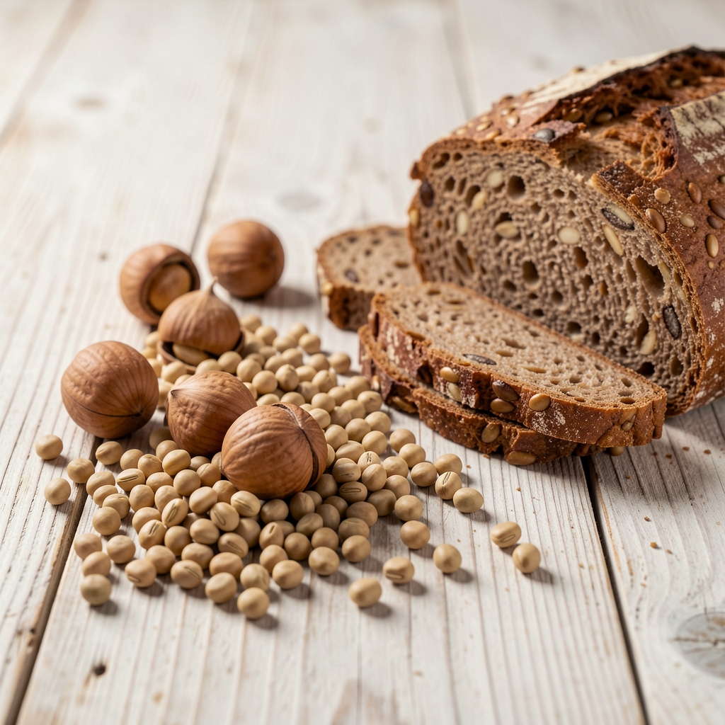 Noix, graines de courge, pois chiches et pain complet sur une table rustique en bois clair