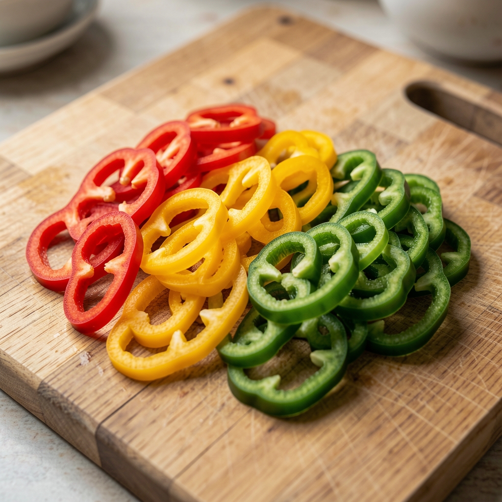 Poivrons rouges, jaunes et verts coupés en lamelles sur une planche à découper