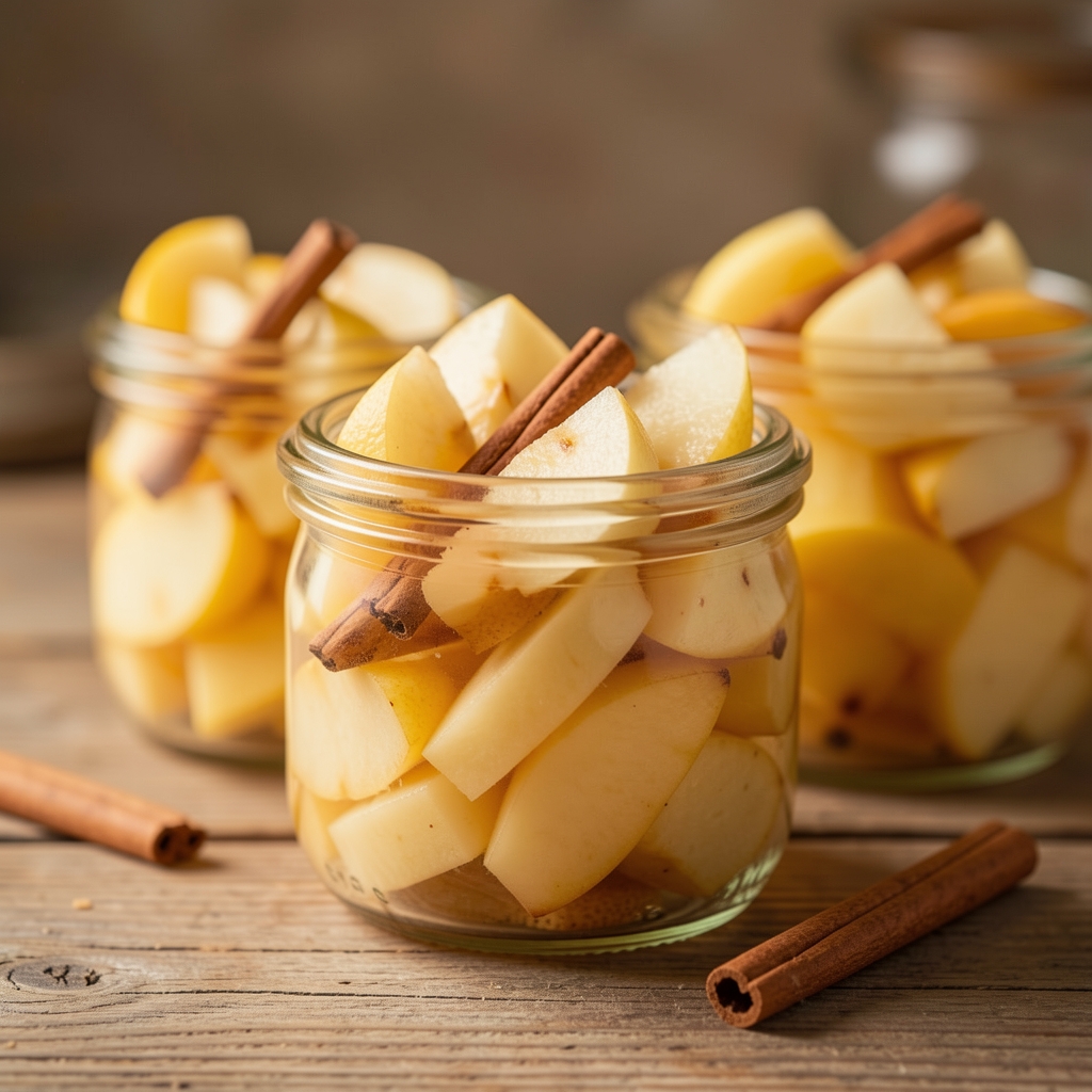 Compote de pommes et poires avec cannelle dans de petits pots en verre