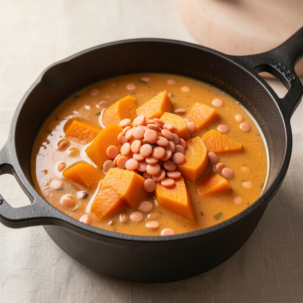 Soupe de potimarron et lentilles corail dans une casserole en fonte