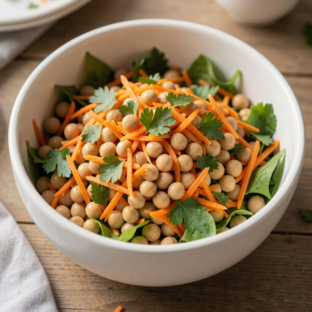 Salade tiède de pois chiches, carottes râpées et persil dans un saladier