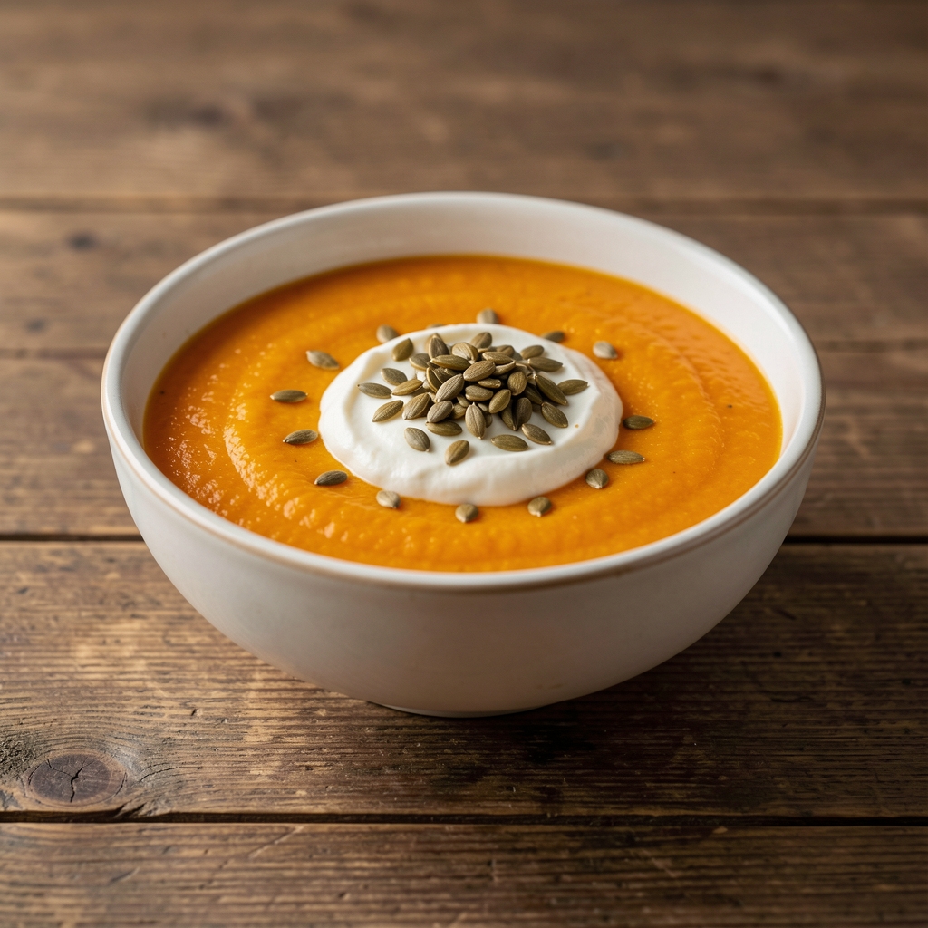 Bol de soupe de potimarron orange garni de graines de courge et de crème, posé sur une table en bois